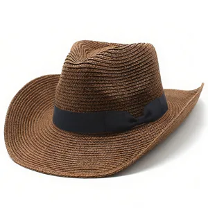 Chapeau de cowboy en paille marron avec nœud ruban noir, parfait accessoire rétro d'été.