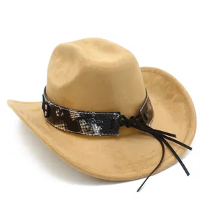 Klassischer Wildleder Cowboyhut mit Schlangenmuster Band und Fransen, stilvolle Fedora Mütze