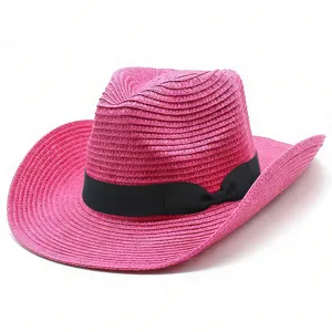 Cappello da cowboy in paglia rosa da donna, elegante cappello da sole estivo nastro nero.