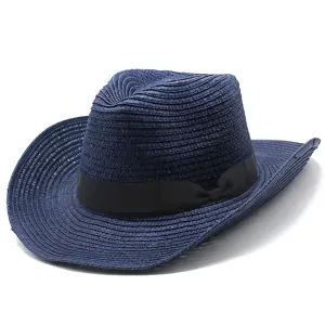 Cappello da cowboy in paglia blu scuro da donna cappello da sole vintage elegante