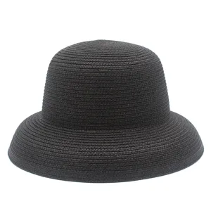 Cappello a secchiello in paglia nera, dettaglio in stile retro, protezione solare.
