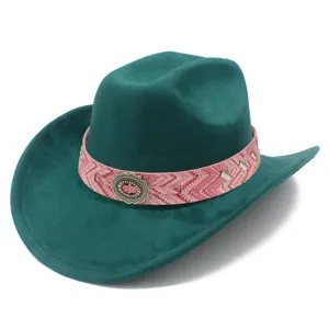 Green felt cowboy hat featuring a bohemian pink woven band and a vintage metal buckle.