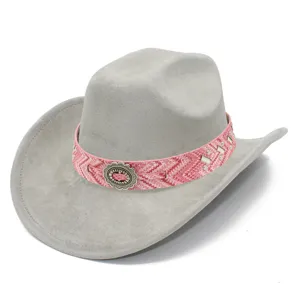 Classic grey wide-brim cowboy hat featuring a stylish pink boho patterned band and metal buckle.