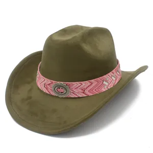 Retro olive green cowboy hat for men and women, featuring a pink bohemian band and metal buckle.