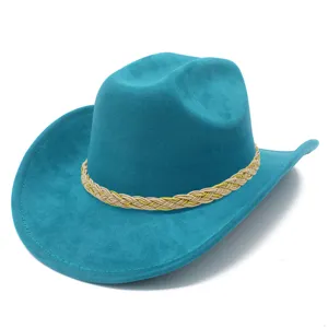 Turquoise suede cowboy hat with braided band, wide brim western style for men and women.