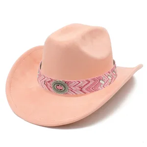 Vintage Unisex Polyester Cowboy Hat Bohemian Woven Band Metal Buckle Wide Brim Curved Jazz Fedora Sun Hat Casual Travel Hat