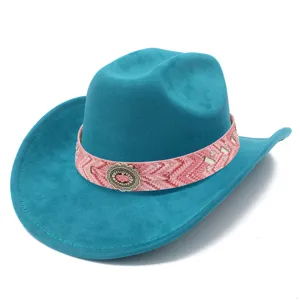 Turquoise cowboy hat detail view, stylish pink patterned band with metal buckle ornament.