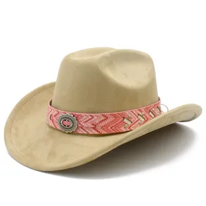 Classic beige cowboy hat with pink patterned band and vintage silver concho for daily wear.