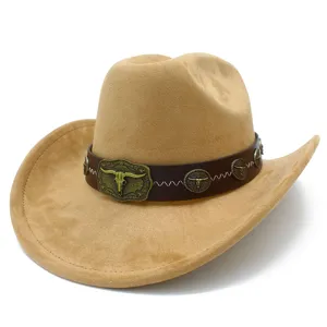 Vintage western cowboy hat for men and women, suede fedora hat with bull skull metal band.