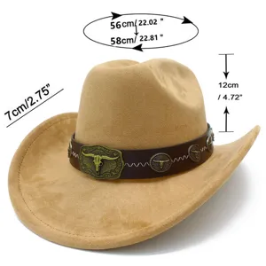 Retro suede western cowboy hat with metal bull head decor, unisex vintage jazz cap style.