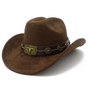 Brown suede western cowboy hat detail with vintage bull skull metal buckle and leather band.