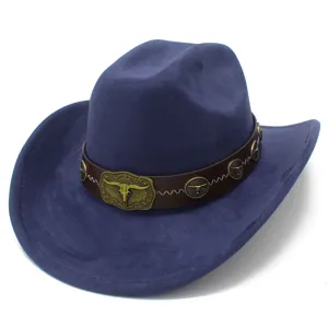 Blue suede cowboy hat detail, featuring a western bull skull metal buckle and leather band.