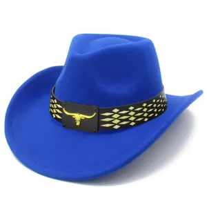Sombrero de vaquero occidental azul real con hebilla de cráneo de toro dorado fieltro