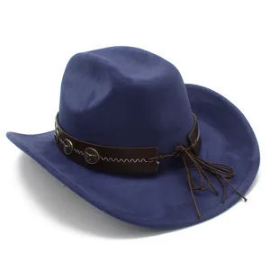 Blue suede western cowboy hat with brown leather band and bullhead metal accents detail view