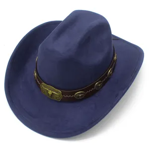Retro navy blue suede western cowboy hat with brown leather belt and brass bull skull decor details.