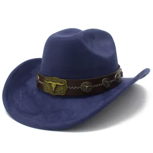 Blue suede western cowboy hat detail with metal bull skull buckle and leather band ornament.