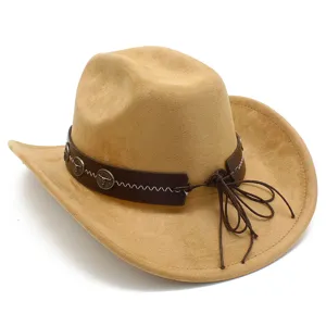 Close-up shot of the suede cowboy hat detail showing metal bull head charms and cords.