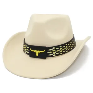 Sombrero de Vaquero Occidental Fedora de Fieltro Rígido Con Hebilla de Metal de Cabeza de Toro Sombrero de Sol Para Hombre Mujer