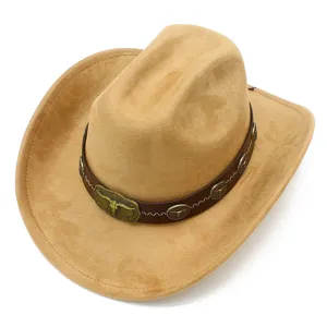 Vintage western suede cowboy hat featuring detailed bull skull metal buckles and dark brown band.