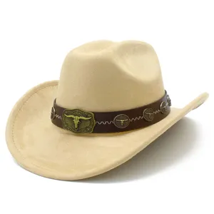 Vintage faux suede western cowboy hat with metal bull head belt, unisex jazz fedora detail
