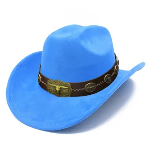 Blue suede western cowboy hat with metal bull skull buckle detail for men and women