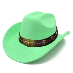 Green suede western cowboy hat detail, metallic bull skull buckle and brown leather band close up