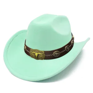 Mint green cowboy hat with brown leather band and bull skull metal buckles for fashion wear.