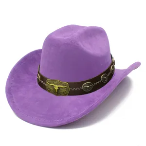 Purple suede western cowboy hat featuring metallic bull head ornament, vintage jazz hat view.