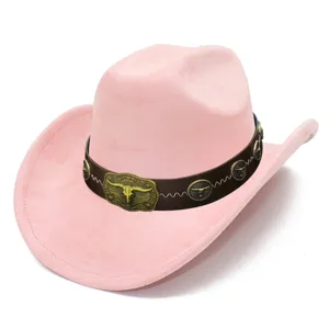 Pink western cowboy hat with retro bull skull metal buckle leather band for stylish wear.