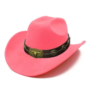 Pink suede western cowboy hat detail, brown leather band with metal bull skull buckle decor.