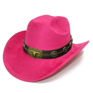 Detailed view of hot pink faux suede western cowboy hat with golden bull skull buckle.