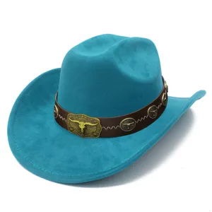 Blue suede western cowboy hat featuring brown leather belt and vintage metal bull head decor.