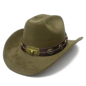 Retro Western cowboy hat with suede texture and metal bull skull decor, stylish jazz cap.