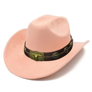 Pink suede western cowboy hat featuring detailed bronze bull skull hardware and leather band.