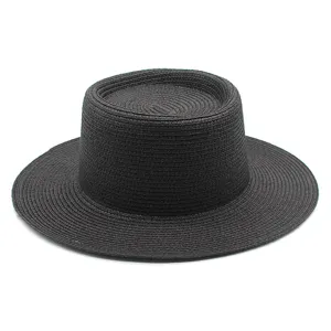 Sombrero de paja negro de copa plana para hombres mujeres ala ancha protección