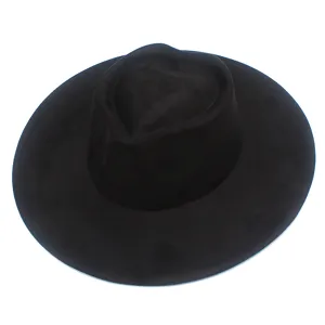 Chapeau noir à calotte en cœur à large bord en faux suède style jazz pour mode vacances