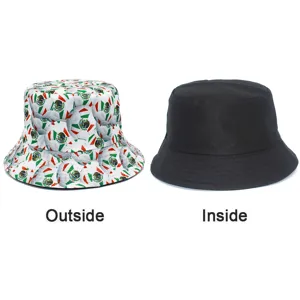 Reversible bucket hat with Mexico soccer print and solid black design for outdoor use.