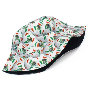Detailed view of the Mexico flag soccer pattern bucket hat, casual outdoor sun hat for all.