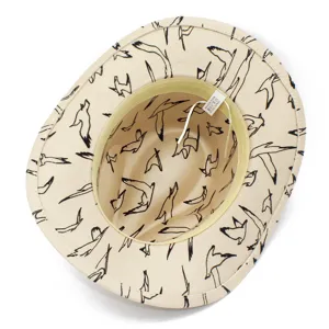 Beige Polyester Fedora Mütze mit abstrakter schwarzem Vogel Muster, Westernhut.