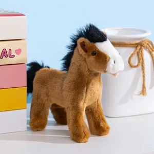 Brown plush horse toy detailed close-up, soft stuffed animal figurine for kids and nursery decor.