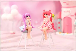 Cute anime girl figurines with miniature stools for DIY landscaping and desktop decor.