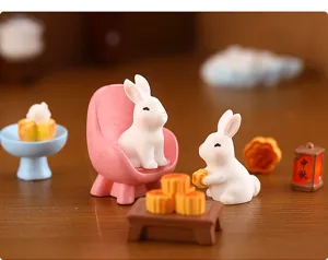 Mini figurine de lapin en résine gâteau de lune animal mignon dessin animé micro paysage ensemble.