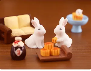 Adorable ensemble de figurines en résine lapin et gâteau de lune pour micro paysage.