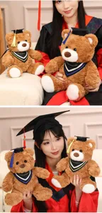 Graduation teddy bear plush toy with doctoral cap and stole, cute doll gift for students.