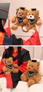 Cute graduation teddy bear plush toy with cap and stole, perfect graduation gift for students.