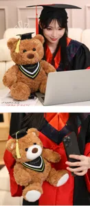 Graduation teddy bear plush toy wearing cute cap and scarf, perfect gift for students.
