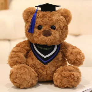 Graduation plush bear toy with doctor hat and cute brown stuffed animal doll gift.