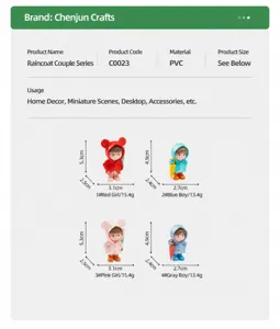 Detailed size chart for cute raincoat couple PVC figurines, miniature garden decor.