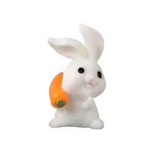 Cute white rabbit resin figurine holding carrot micro landscape gardening ornament decor for desk.