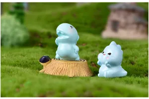 Miniature cute blue dinosaur resin figurine set for micro landscape DIY gardening crafts decor detail.
